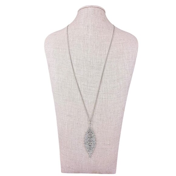 Vintage Silver Tone Rhinestone Pendant Necklace Elegant Mesh Leaf Design Jewelry - Picture 1 of 6